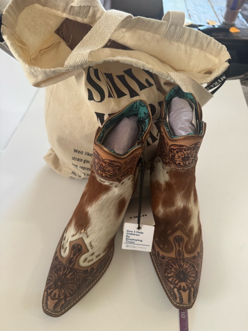 Myra Bag Brown & White Cowhide Tooled Leather Ankle Boots 8 - Picture 7 of 11